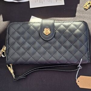 Quilted Black Wristlet Wallet with Gold Flower Accent